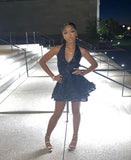 Cute Sheath Halter Short Black Homecoming Dresses HZ1022