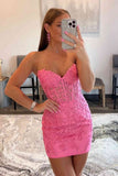Lace-Up Hot Pink Corset Appliqued Bodycon Homecoming Dress HZ1022