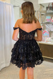 Off the Shoulder Sheer Corset Tiered Ruffles Black Homecoming Dress HZ1022