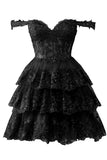 Off the Shoulder Sheer Corset Tiered Ruffles Black Homecoming Dress HZ1022