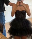 Simple A-Line Black Tulle Multi-Layered Homecoming Dress HZ1022