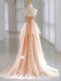 Hot Shiny A line Spaghetti Straps Sleeveless Sequin Tulle Long Prom Dresses HZ1022
