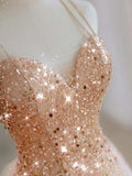 Hot Shiny A line Spaghetti Straps Sleeveless Sequin Tulle Long Prom Dresses HZ1022