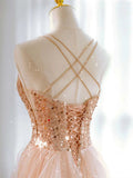 Hot Shiny A line Spaghetti Straps Sleeveless Sequin Tulle Long Prom Dresses HZ1022
