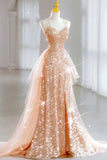 Hot Shiny A line Spaghetti Straps Sleeveless Sequin Tulle Long Prom Dresses HZ1022