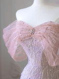New Arrival A line Off The Shoulder Short Sleeves Pleated Sequin Pink Floor Length Prom Dresses HZ1022