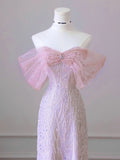 New Arrival A line Off The Shoulder Short Sleeves Pleated Sequin Pink Floor Length Prom Dresses HZ1022