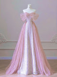 New Arrival A line Off The Shoulder Short Sleeves Pleated Sequin Pink Floor Length Prom Dresses HZ1022