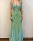 Pretty Mermaid V neckline Green Floor Length Prom Dresses With Beads HZ1022