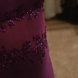 Beautiful Sheath Spaghetti Straps Grape Chiffon Prom Dress With Beads HZ1022