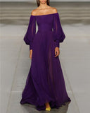 Pretty A Line Off The Shoulder Grape Chiffon Prom Dresses Long Evening Gowns HZ1022