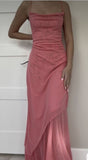 Beautiful Sheath Spaghetti Straps Pink Long Chiffon Prom Dress With Pleated HZ1022