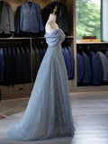 Modest Ball Gown Off The Shoulder Sequin Long Party Dress Gray Prom Dress HZ1022
