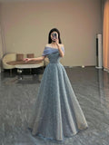 Modest Ball Gown Off The Shoulder Sequin Long Party Dress Gray Prom Dress HZ1022
