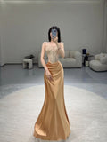Pretty Sheath Strapless Neckline Sleeveless Evening Dress Gold Satin Prom Dresses HZ1022