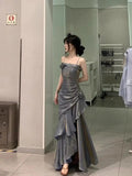 Pretty Sheath Straps Sleeveless Evening Dress Gray Long Ruffles Prom Dresses HZ1022