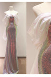 Modest Sheath Off The Shoulder Sequin Long Party Dress Pink Prom Dress HZ1022