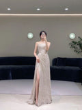 Pretty A Line Strapless Sequin Evening Dress Long Slit Prom Dresses HZ1022