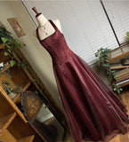 Pretty A line Halter Burgundy Sleeveless Evening Dress Organza Long Prom Dresses HZ1022