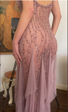 Modest Mermaid V Neckline Pink Chiffon Ruffles Long Party Dress Prom Dresses HZ1022