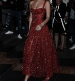 Pretty A Line Straps Red Ankle Length Evening Dress Tulle Prom Dresses HZ1022