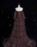 Chic Ball Gown Off The Shoulder Long Sleeves Evening Dress Tulle Long Prom Dresses HZ1022