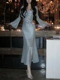 Classy Mermaid Square Neckline Long Sleeves Slit Prom Dresses Evening Gowns HZ1022