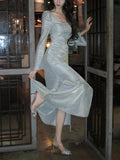 Classy Mermaid Square Neckline Long Sleeves Slit Prom Dresses Evening Gowns HZ1022