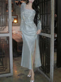 Classy Mermaid Square Neckline Long Sleeves Slit Prom Dresses Evening Gowns HZ1022