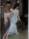 Classy Mermaid Square Neckline Long Sleeves Slit Prom Dresses Evening Gowns HZ1022