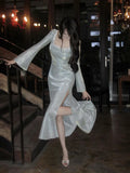 Classy Mermaid Square Neckline Long Sleeves Slit Prom Dresses Evening Gowns HZ1022
