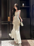 Pretty Mermaid Spaghetti Straps White Satin Prom Dresses Long Evening Gowns HZ1022