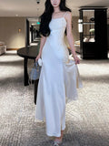 Pretty Mermaid Spaghetti Straps White Satin Prom Dresses Long Evening Gowns HZ1022