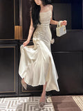 Pretty Mermaid Spaghetti Straps White Satin Prom Dresses Long Evening Gowns HZ1022