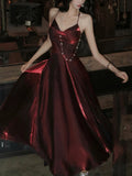 Pretty A Line Spaghetti Straps Burgundy Satin Prom Dresses Evening Gowns Birthday Dress HZ1022