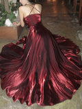 Pretty A Line Spaghetti Straps Burgundy Satin Prom Dresses Evening Gowns Birthday Dress HZ1022