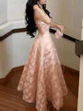 Pretty A Line Spaghetti Straps Pink Lace Satin Prom Dresses Evening Gowns HZ1022