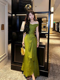 Pretty A line Off The Shoulder Satin Green Long Prom Dresses Satin Evening Gowns HZ1022