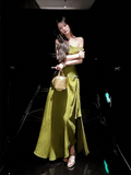 Pretty A line Off The Shoulder Satin Green Long Prom Dresses Satin Evening Gowns HZ1022