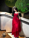 Pretty Sheath Spaghetti Straps Red Long Length Chiffon Prom Dresses Evening Gowns Birthday Dress HZ1022