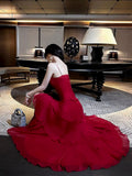 Pretty Sheath Spaghetti Straps Red Long Length Chiffon Prom Dresses Evening Gowns Birthday Dress HZ1022