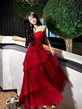 Pretty Sheath Spaghetti Straps Red Long Length Chiffon Prom Dresses Evening Gowns Birthday Dress HZ1022