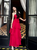 Pretty Sheath Spaghetti Straps Red Long Length Chiffon Prom Dresses Evening Gowns Birthday Dress HZ1022