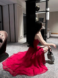 Pretty Sheath Spaghetti Straps Red Long Length Chiffon Prom Dresses Evening Gowns Birthday Dress HZ1022