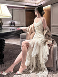 Pretty Mermaid Spaghetti Straps White Floral Prom Dresses Long Evening Gowns HZ1022
