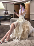 Pretty Mermaid Spaghetti Straps White Floral Prom Dresses Long Evening Gowns HZ1022