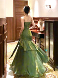 Pretty Mermaid Spaghetti Straps Olive Green Long Prom Dresses Evening Gowns HZ1022