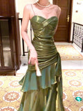Pretty Mermaid Spaghetti Straps Olive Green Long Prom Dresses Evening Gowns HZ1022