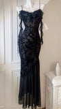 Chic Sheath Spaghetti Straps Black Evening Dress Long Prom Dresses HZ1022