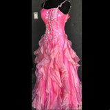 Chic Ball Gown Spaghetti Straps Pink Satin Evening Dress Long Prom Dresses With Embroidered HZ1022